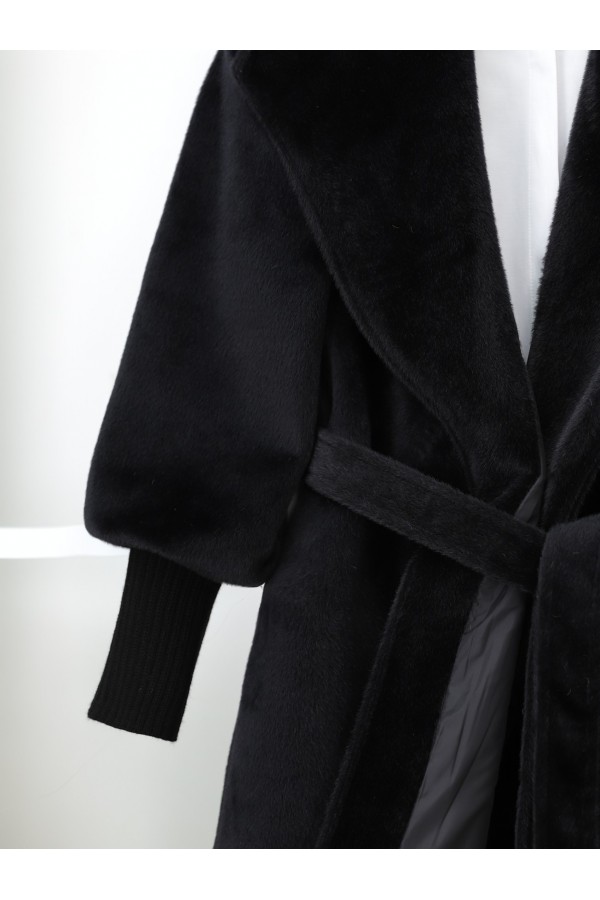 Shawl Collar Lined Cashmere Coat with Ribbed Sleeves -Black