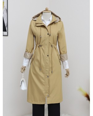 Kapşonu Çıkmalı Bağcıklı Trenckot -Tarçın