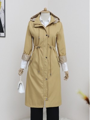 Lace-Up Trench Coat with Detachable Hood -Cinnamon