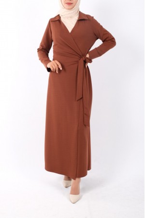 Front Double Layer Side Tie Dress -Brown