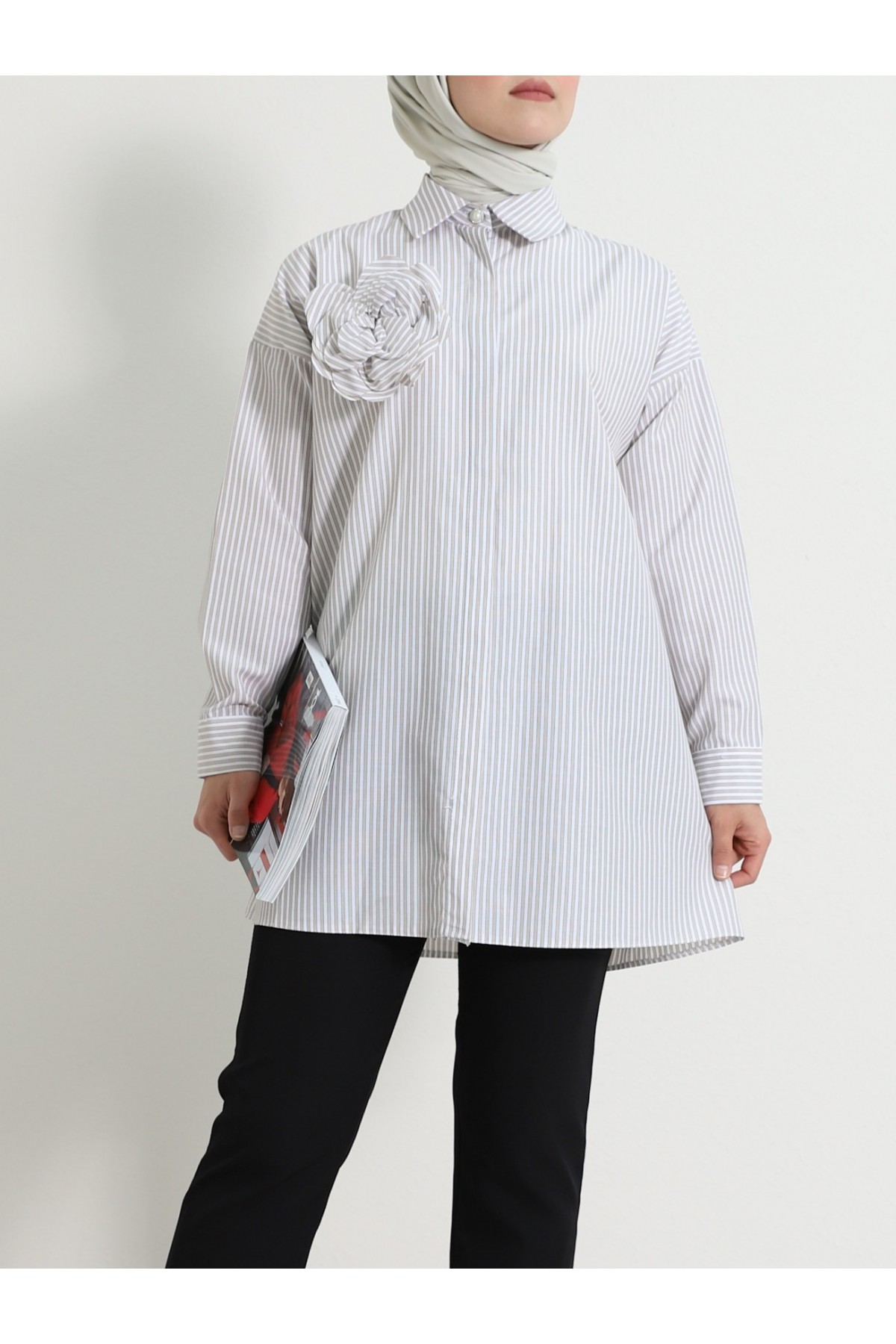 Pearl Button Striped Brooch Shirt  - Beige