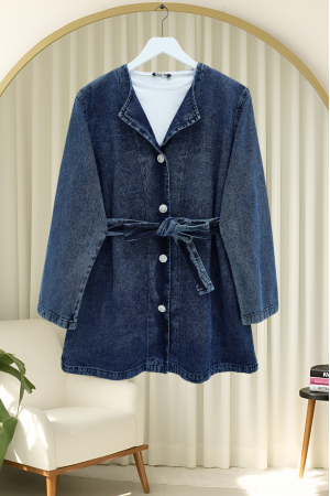 Belted Buttoned Round Neck Denim Jacket -Navy blue
