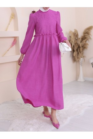 Front Lace Detailed Judge Collar Linen Dress -Fuchsia