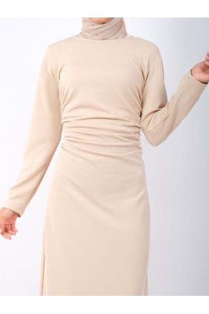 Waist Pleated Knitted Crepe Lycra Dress  - Beige