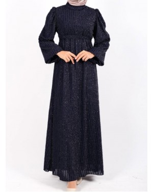 Kolu Lastikli Sim Çizgili Kemerli  Elbise -Laci