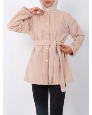 Düğmeli Beli Bağlamalı Kürklü Ceket -Bej