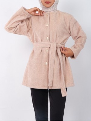 Düğmeli Beli Bağlamalı Kürklü Ceket -Bej