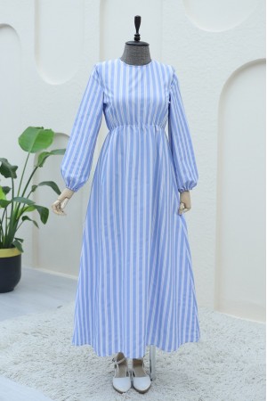 فستان طويل مخطط بياقة قميص بوليرو -ريشي