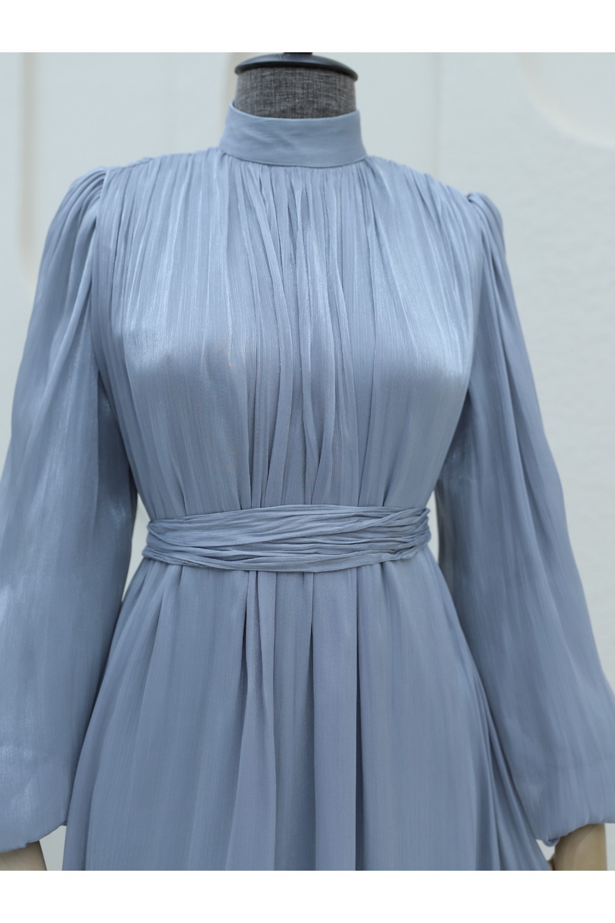 Shoulder Gathered Sparkly Fabric Balloon Sleeve Dress -Grey