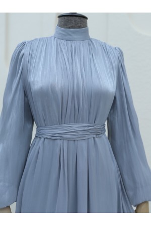 Omuzdan Büzgülü Işıltı Kumaş Balon Kol Elbise -Gri