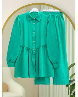 Pearl Button Suit with Gathered Shoulders and Front -LIGHT GREEN