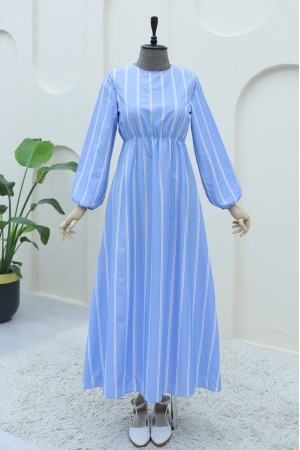 فستان طويل مخطط بياقة قميص بوليرو -أزرق