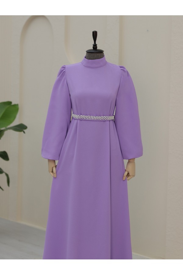 Magnificent Collar Balloon Sleeve Belted Dress -Lilac