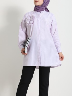 İnci Düğmeli Çizgili Broşlu gömlek -Pembe