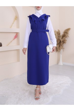 Yakası V Kemerli Uzun Jile Elbise      -Saks