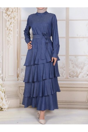 Layered Tencel Denim Belted Dress -İndigo