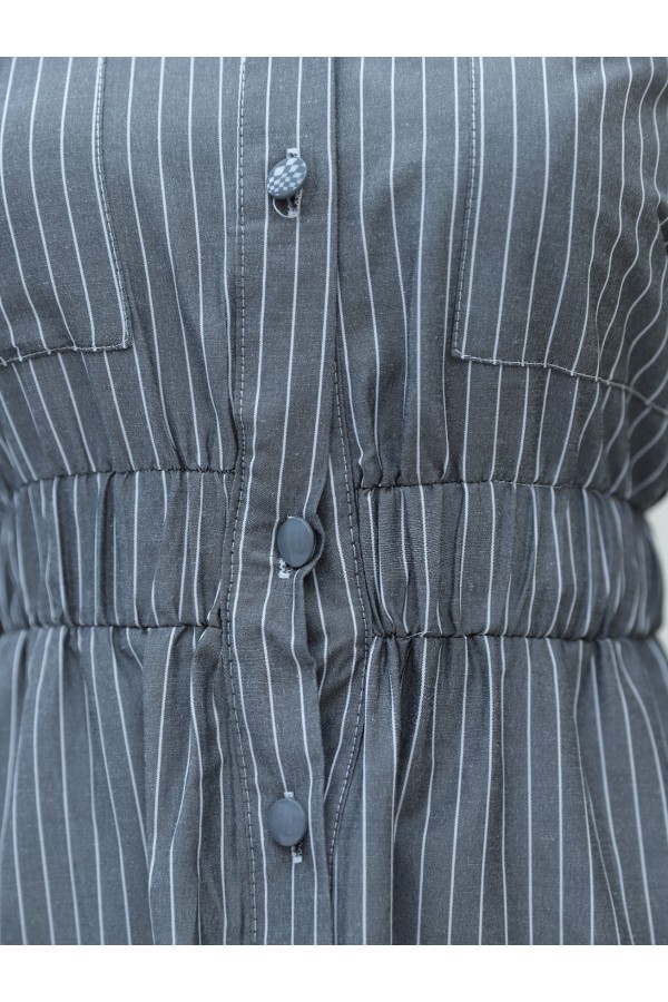 Front Buttoned Striped Dress with Elastic Waist  -Smoked 