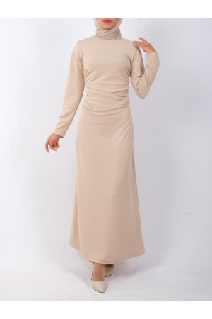 Waist Pleated Knitted Crepe Lycra Dress  - Beige