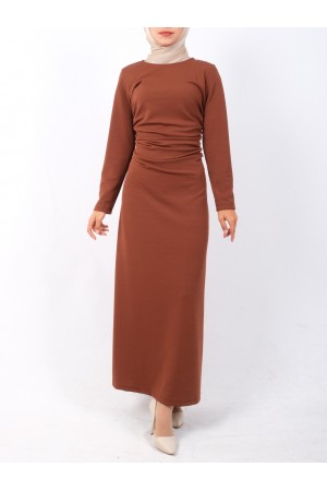 Waist Pleated Knitted Crepe Lycra Dress  -Snuff