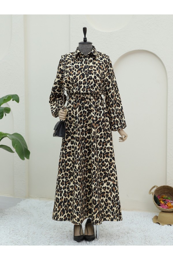 Leopard Print Dress with Shirt Detail on Top -Mink color