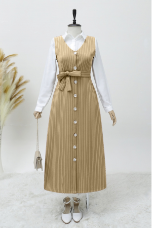 Boydan Düğmeli Kuşaklı Çizgili Jile  -Vizon