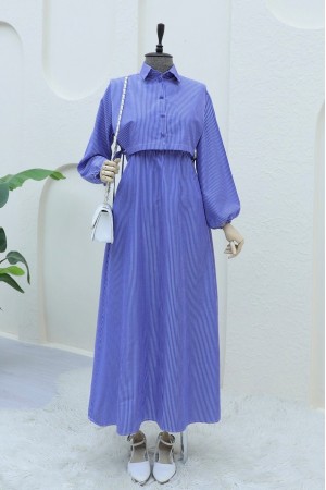 فستان طويل مخطط بياقة قميص بوليرو  -أزرق غامق