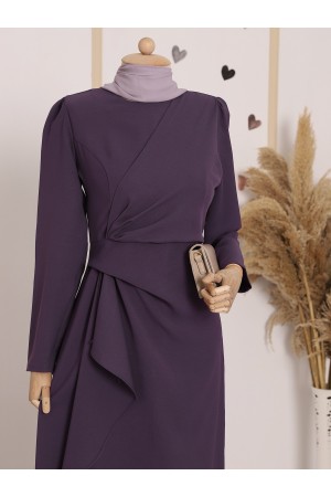 Asymmetrical Crepe Dress with Front Allery Skirt    - Purple