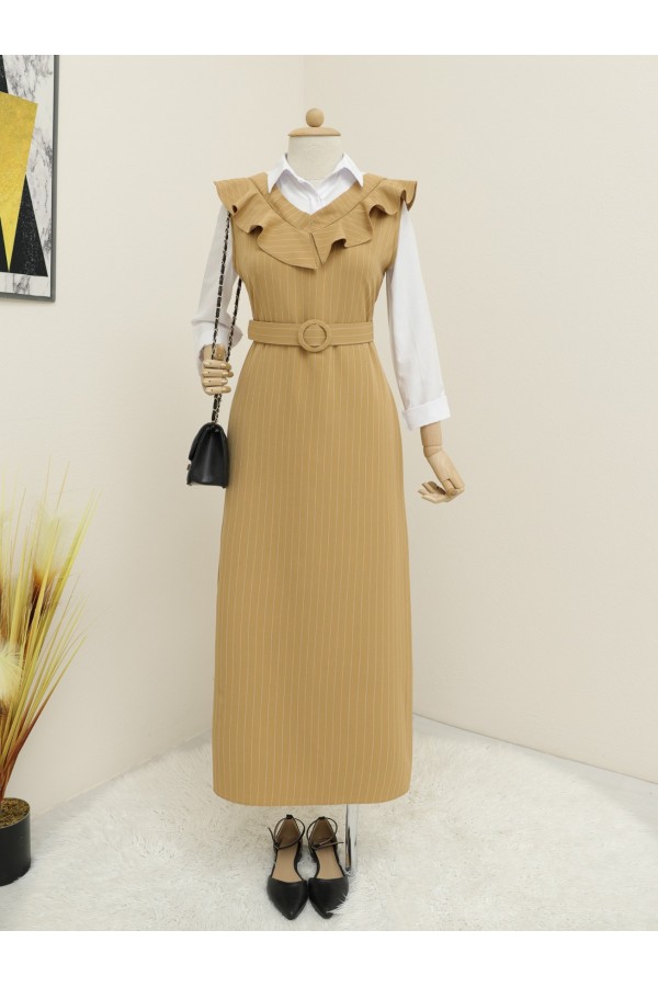 Striped Belted Gilet Dress with Frilly Collar -Snuff