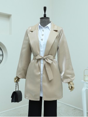 Lace-Up Satin Jacket with Flounce Sleeves -Mink color