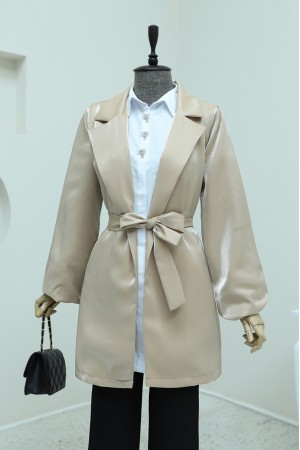 Kolları Volanlı Bağcıklı Saten Ceket -Vizon