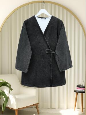 Side Tie Denim Kimono -Smoked 