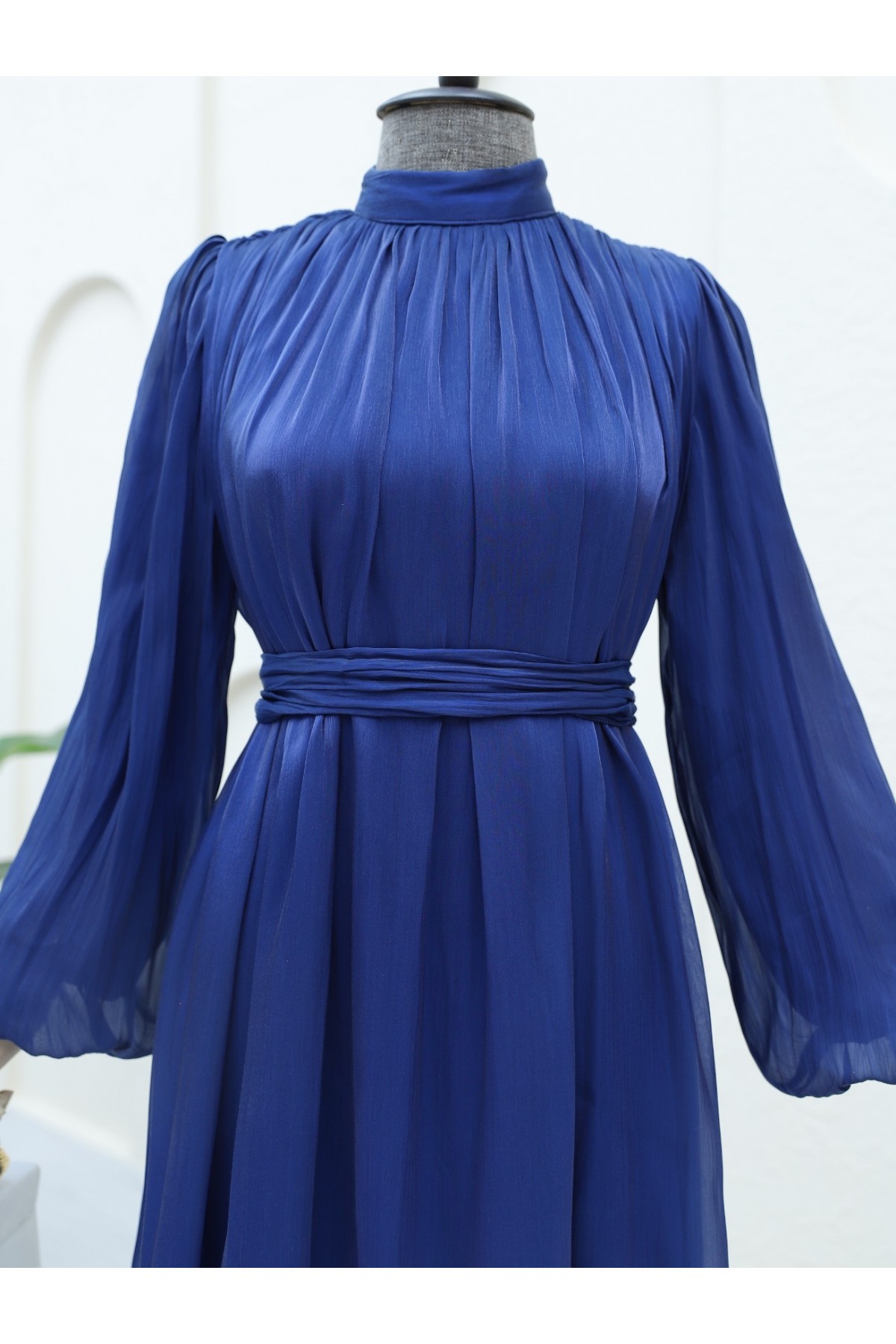 Shoulder Gathered Sparkly Fabric Balloon Sleeve Dress -Navy blue