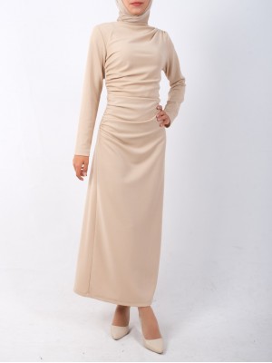 Boat Neck Side Draped Knitted Crepe Dress - Beige