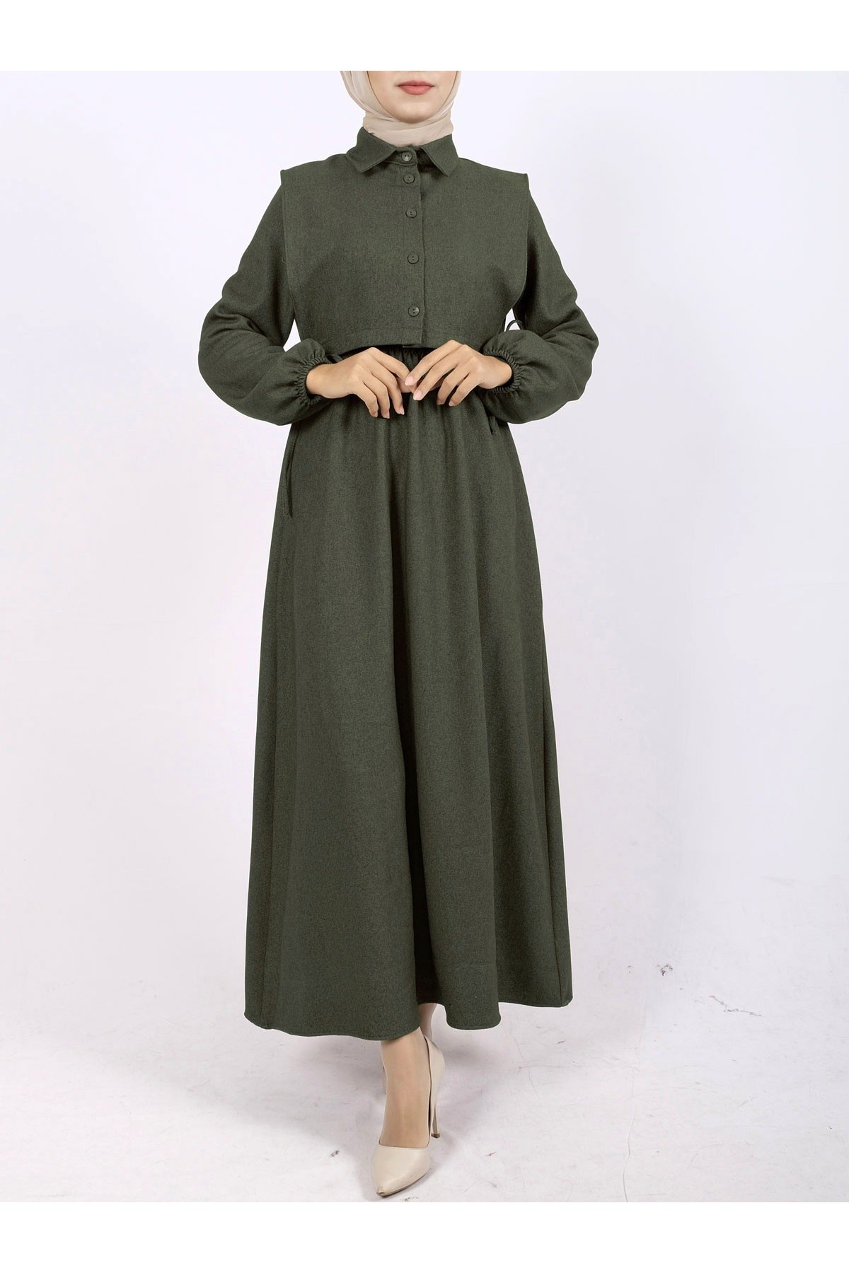 Dress with Elasticated Sleeves and Waist with Shirt Detail on Top -Khaki