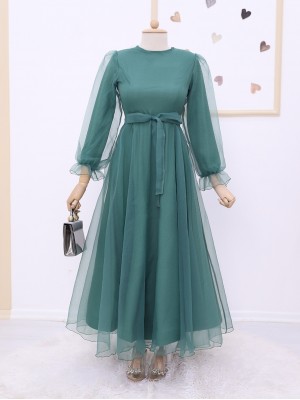 Kabarık Kol ve Etekli Kuşaklı Tül Abiye  -Mint