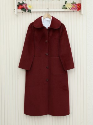 Boydan Düğmeli Cepli Kaban  -Bordo