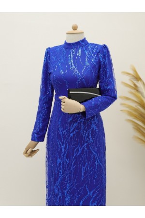 Simli Pullu Astarlı Kalem Elbise -Saks