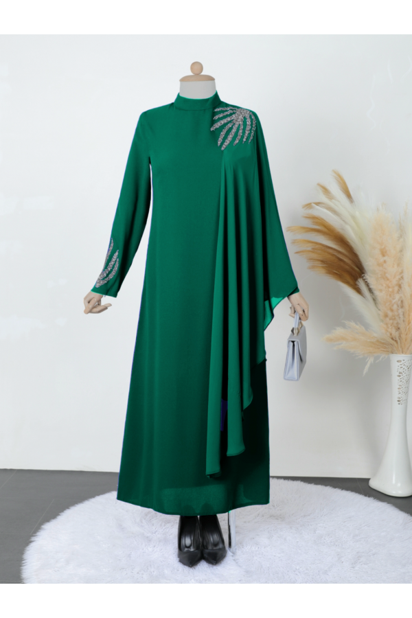 Chiffon Detailed Crepe Dress with Stones on Shoulders and Sleeves -Emerald