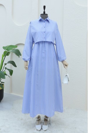 فستان طويل مخطط بياقة قميص بوليرو  -جليدي