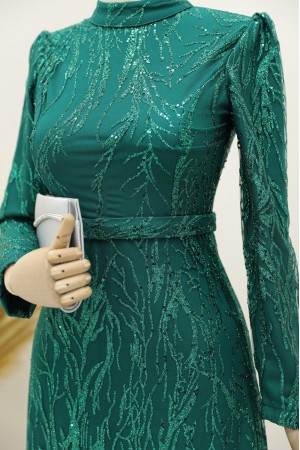 Simli Pullu Astarlı Kalem Elbise -Zümrüt