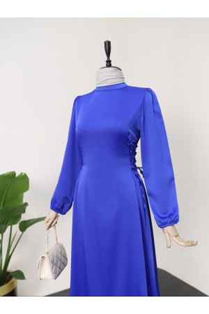 Yanları Bağcıklı Dik Yaka Kolu Lastikli Elbise -Saks