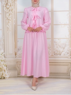 Önü Bağcıklı Kolu Lastikli Etekli Takım  -Pembe