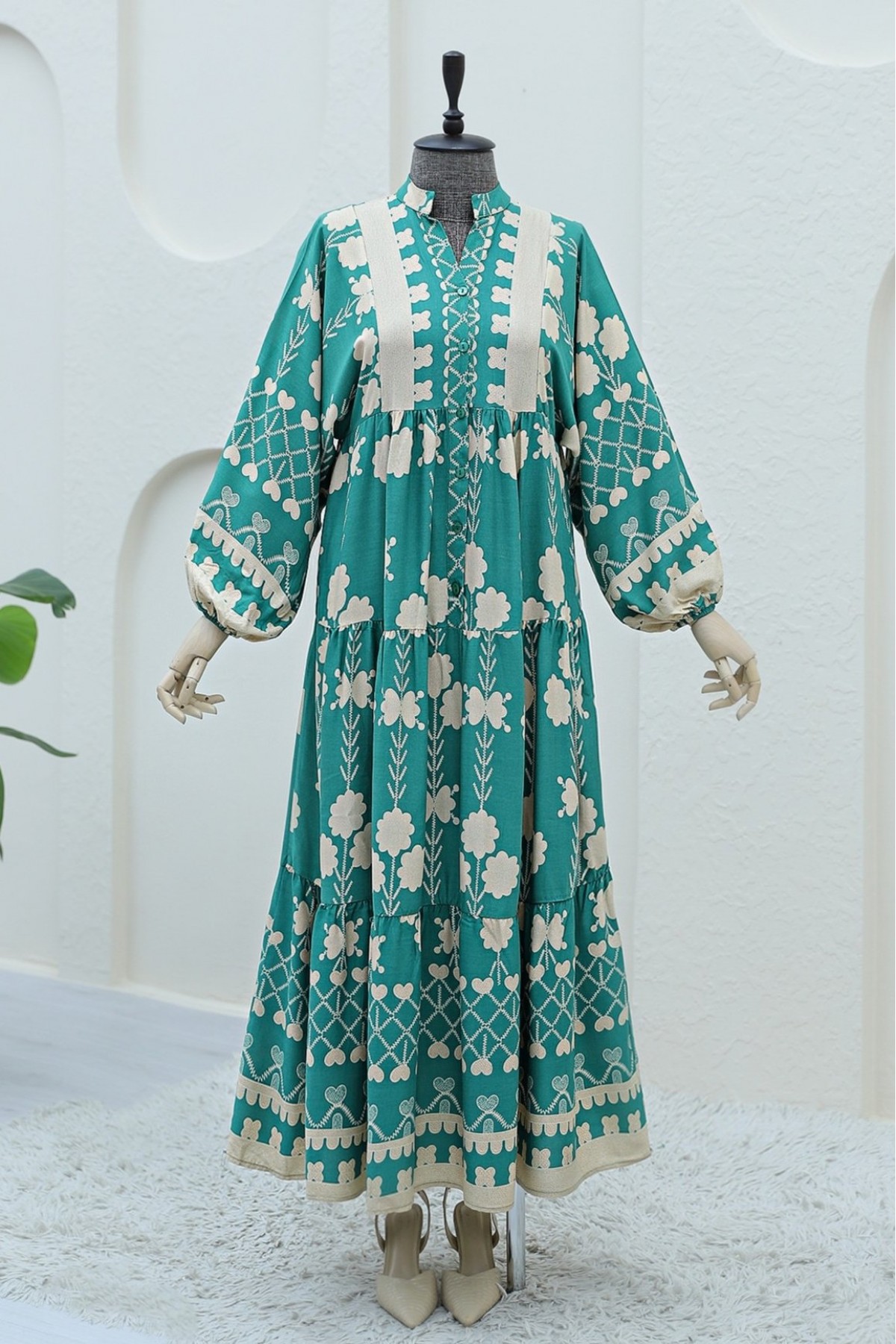 Half Buttoned Long Skirt Viscose Dress -Green