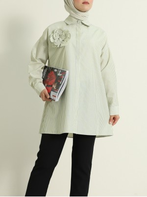 İnci Düğmeli Çizgili Broşlu gömlek -Yağ Yeşili