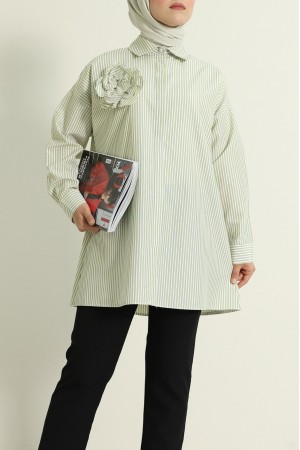 İnci Düğmeli Çizgili Broşlu gömlek -Yağ Yeşili