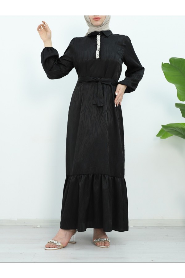 Stone Detailed Dress with Pieced Skirt and Elastic Sleeves -Black
