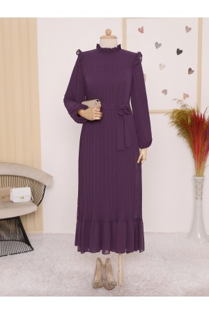 Front Robe Sleeves and Body Pleated Dress - Purple