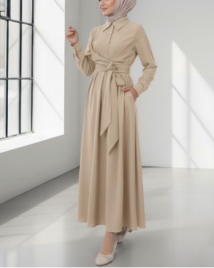 Half Buttoned Front Cross Tie  Dress - Beige