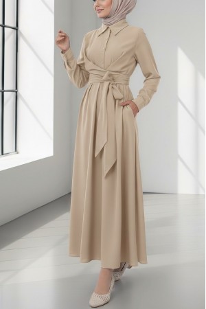 Yarım Düğmeli Önü Çapraz Bağlamalı Elbise -Bej