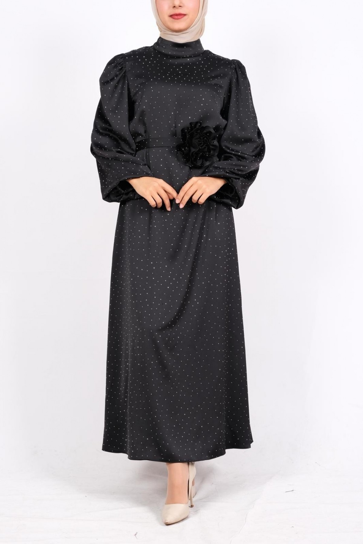 Balloon Sleeve Belted Stoned Satin Dress -Black